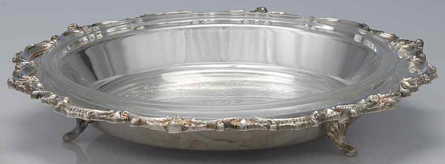 138 (Silverplate, Hollowware) 13" Round Footed Pie Tray & Glass Liner by Poole Silver -1