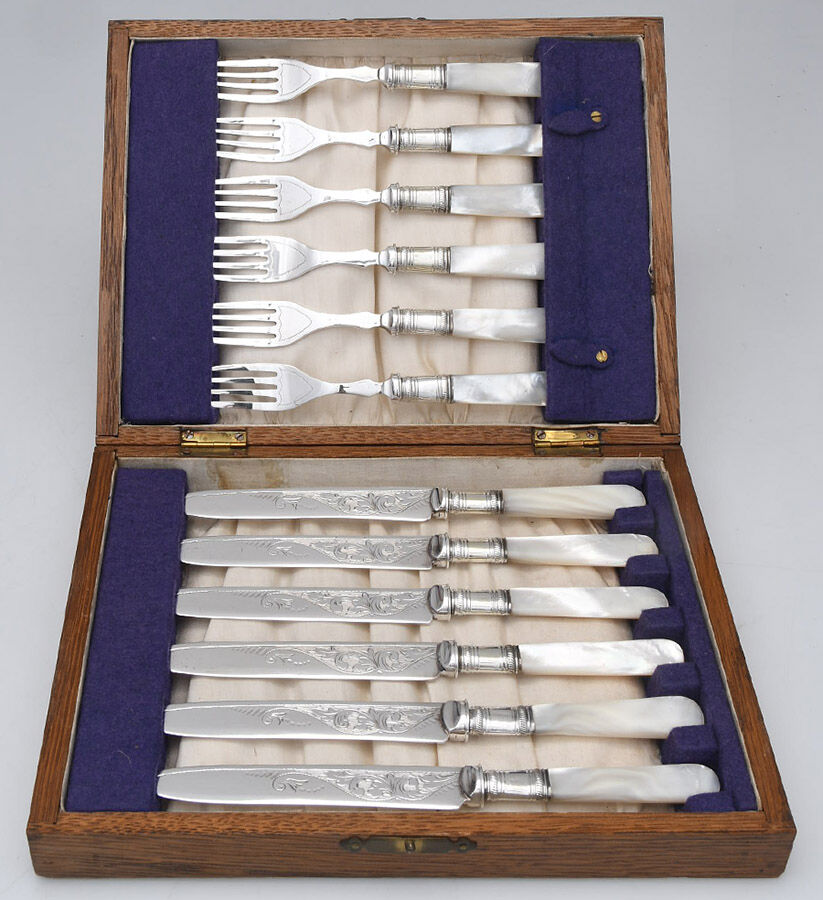 PEH2 (Silverplate) Fruit Set-6 Forks & 6 Knifes w/Case by Pearl Handle-1