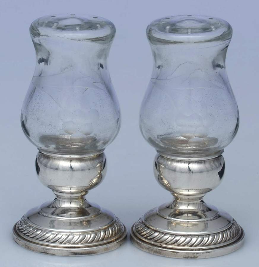 703 (Sterling, Hollowware) Crystal & Sterling Weighted Salt & Pepper Set by Quaker Silver Co Inc-1