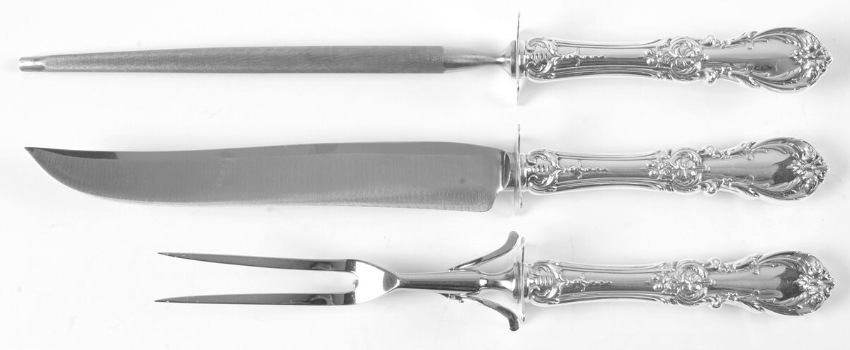 Burgundy (Sterling, 1949, No Monograms) Large 3-Piece Roast Carving Set w/ Stainless Blade by Reed & Barton-1