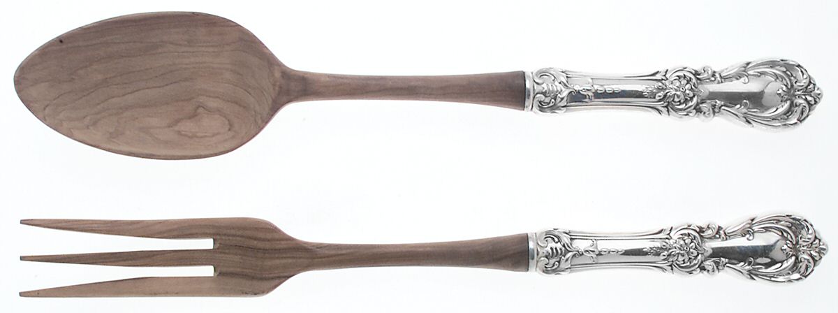 Burgundy (Sterling, 1949, No Monograms) Wooden Bowl 2-Piece Salad Set by Reed & Barton-1