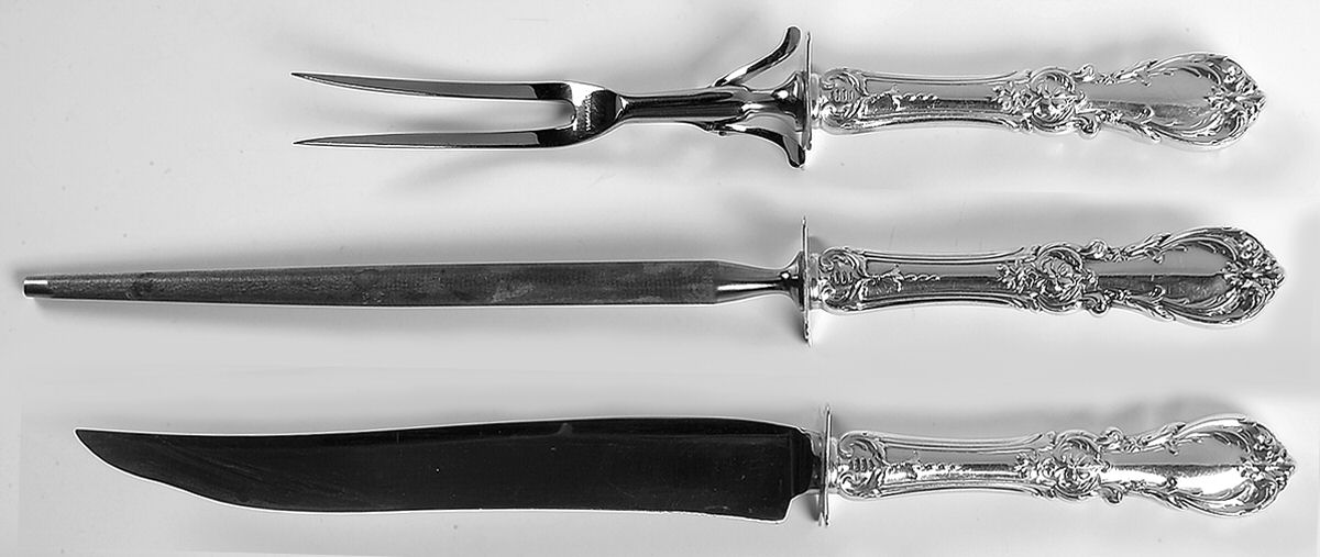 Burgundy (Sterling, 1949, No Monograms) Large 3-Piece Roast Carving Set w/ Stainless Blade by Reed & Barton-1