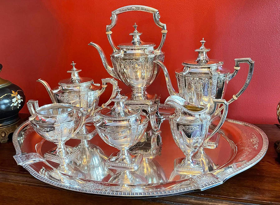 Duquesne (Sterling, Hollowware) 7 Piece Tea Set (SCP, STP, SCR, SSU, SWB, SKES & WTL) by Reed & Barton-1