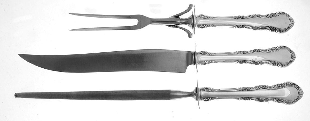 Georgian Rose (Sterling, 1941, No Monograms) Large 3-Piece Roast Carving Set w/ Stainless Blade by Reed & Barton-1