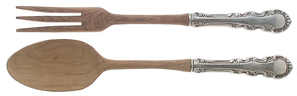 Georgian Rose (Sterling, 1941, No Monograms) Wooden Bowl 2-Piece Salad Set by Reed & Barton-1