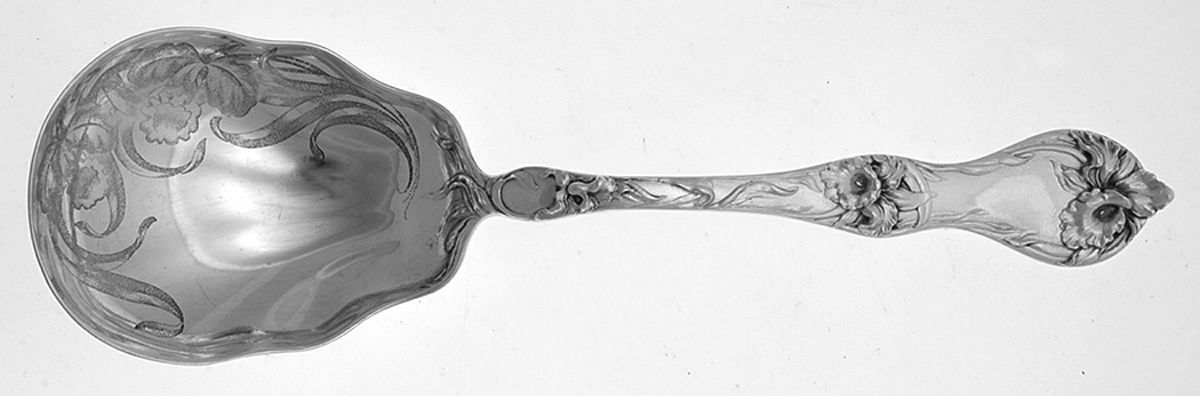 Les Cinq Fleurs (Sterling, 1900, No Monos) Salad Serving Spoon, Bright Cut Solid Piece by Reed & Barton-1