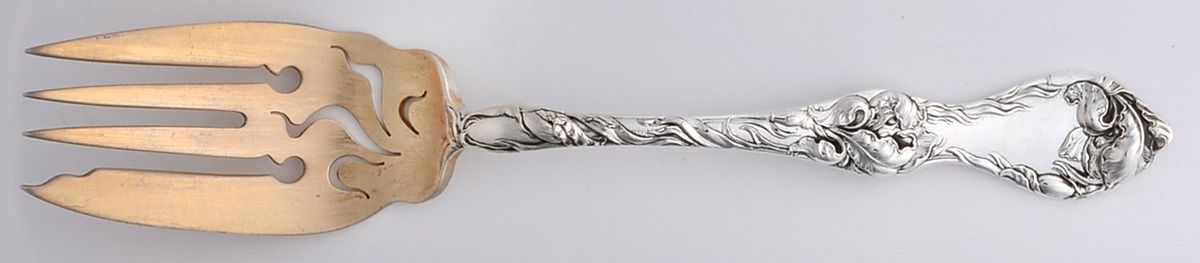 Les Cinq Fleurs (Sterling, 1900, No Monos) Small Solid Cold Meat Serving Fork by Reed & Barton-1