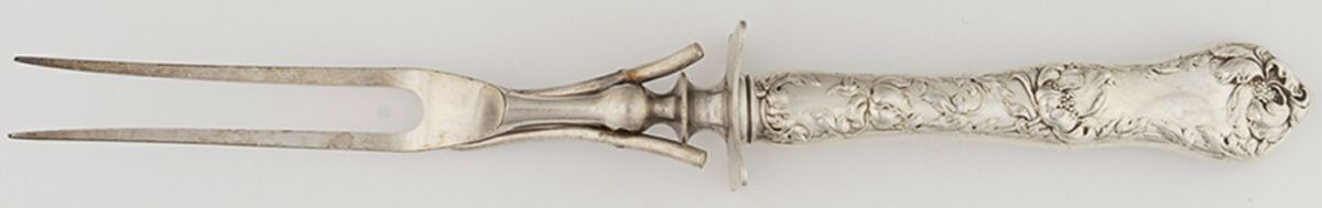 Les Cinq Fleurs (Sterling, 1900, No Monos) Large Stainless-Prong Roast Carving Fork by Reed & Barton-1