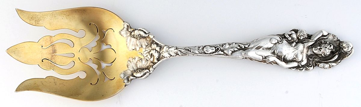 Love Disarmed (Sterling, 1899) Oversize Solid Salad Servng Fork by Reed & Barton-1