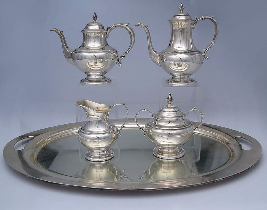 The Pilgrim (Sterling) 5 Piece Tea Set (SCP, STP, SCR, SSU, WT24C) by Reed & Barton-1