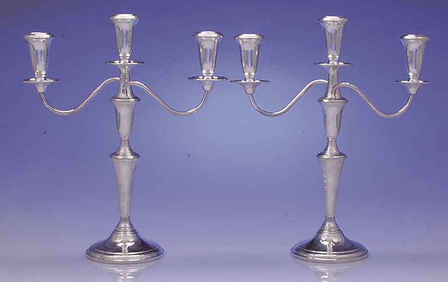 The Pilgrim (Sterling) Pair of 3 Light Weighted Candelabra with Bobech by Reed & Barton-1
