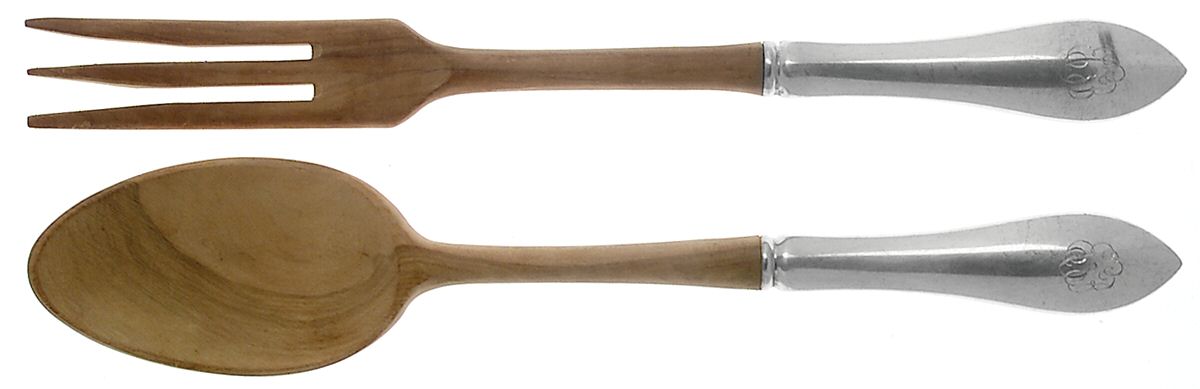 Pointed Antique (Sterling, 1895) Wooden Bowl 2-Piece Salad Set by Reed & Barton-1