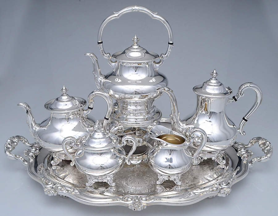 Regent-Plain (Silverplate Hollowware) (6 Pc) Tea Set (CP,TP,CR,SU,KES,WTLF) by Reed & Barton-1