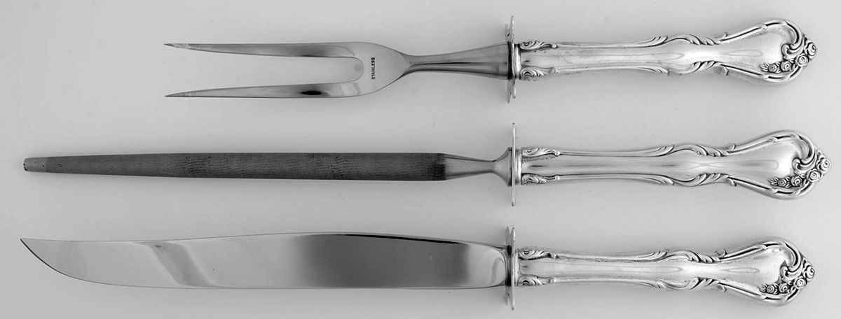 Rose Cascade (Sterling, 1957) (3 Pc)Carving Set-Lg Stnbl/Roast w/Sterling Guard by Reed & Barton-1