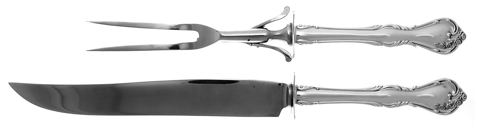Rose Cascade (Sterling, 1957) (2 Pc)Carving Set-Lg Stnbl/Roast w/Sterling Guard by Reed & Barton-1