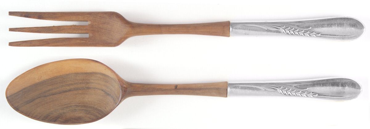 Silver Wheat (Sterling, 1952) Wooden Bowl 2-Piece Salad Set by Reed & Barton-1