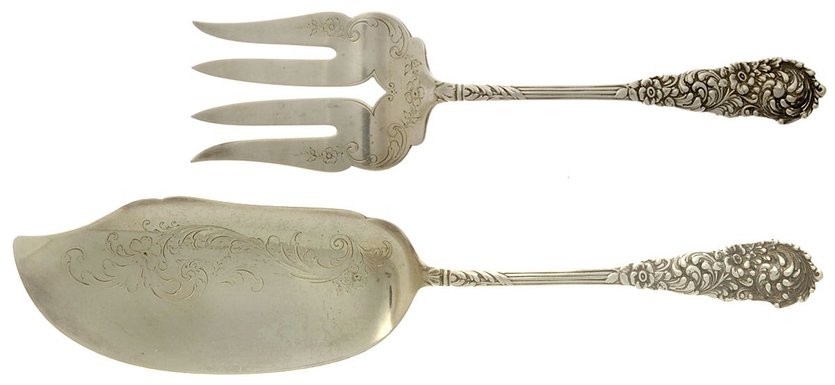 Trajan (Sterling, 1892) Large Solid, Bright Cut Fish Serving Set by Reed & Barton-1