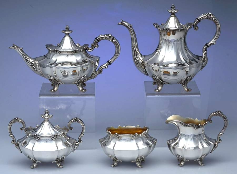 Victorian (Silverplate, Hollowware) 5-Piece Plated Tea Set (with Waste) by Reed & Barton-1