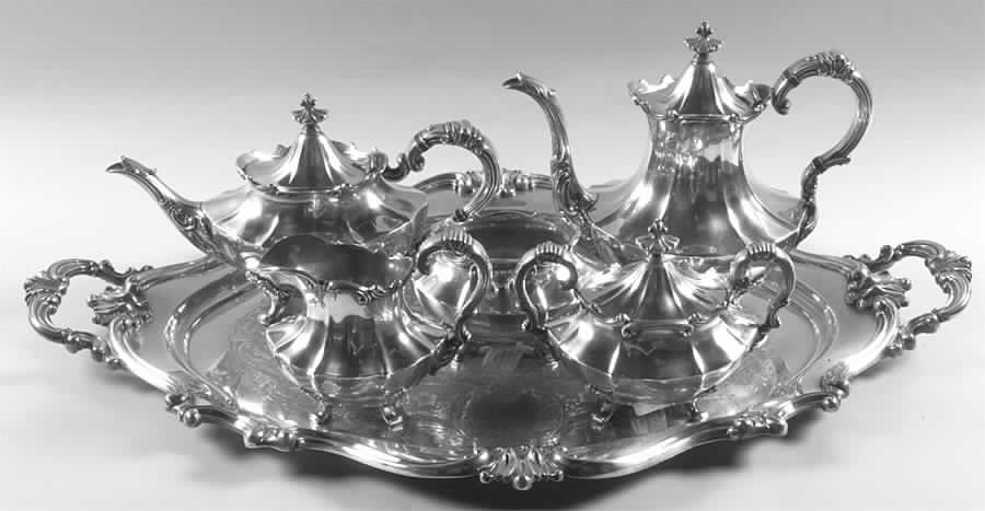 Victorian (Silverplate, Hollowware) 6-Piece Plated Tea Set (Waste & Tray) by Reed & Barton-1