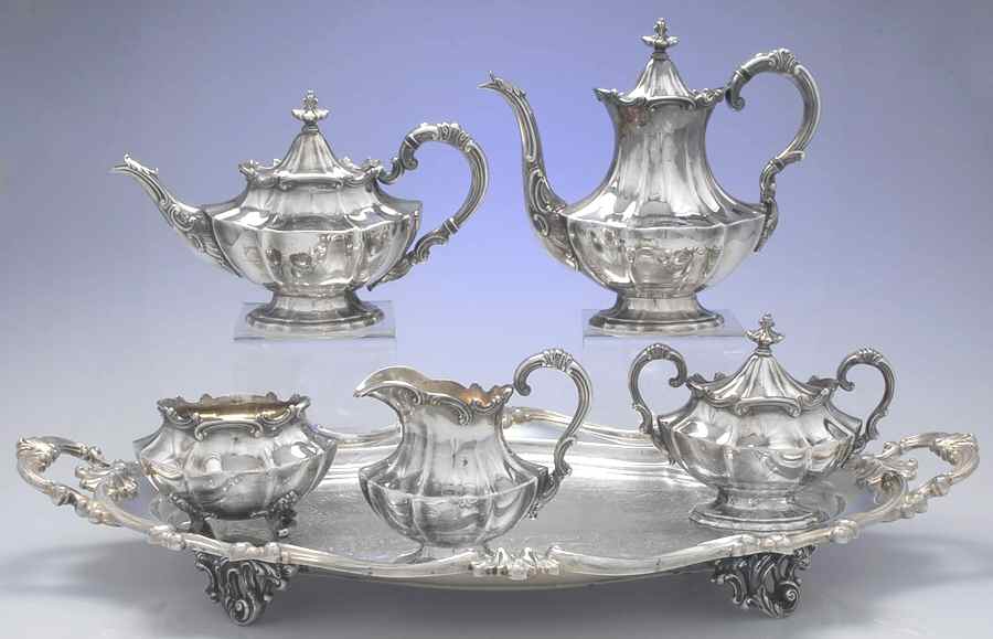 Victorian (Silverplate, Hollowware) 6-Piece Plated Tea Set (Waste & Footed Tray) by Reed & Barton-1