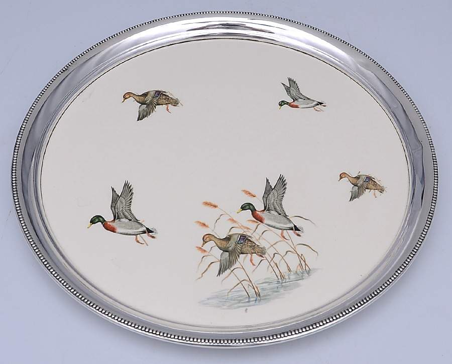 Sterling Hollowware Round Tray with Ceramic Center by Revere Silver-1