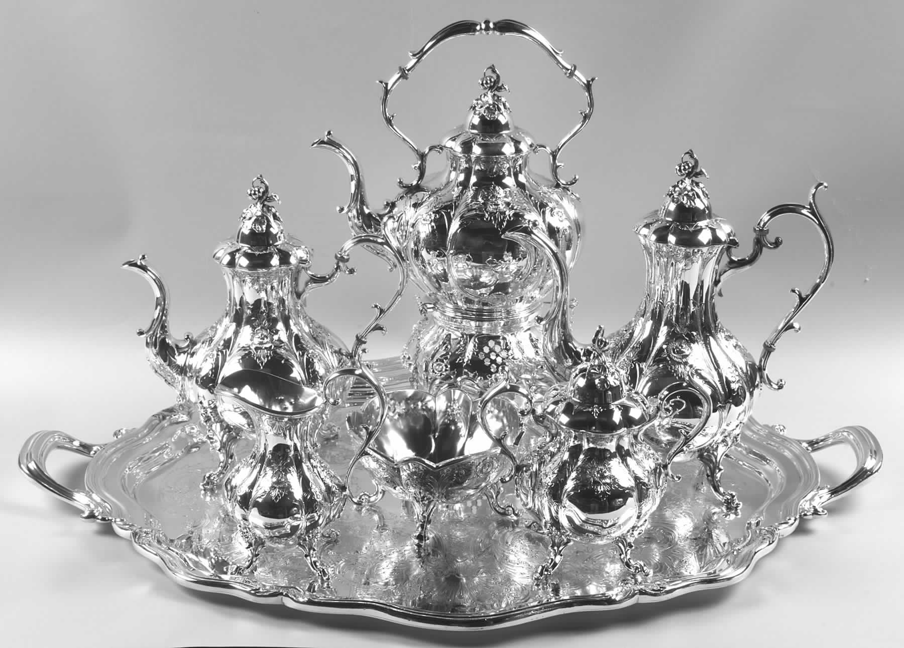 The Winthrop (Chased, Silverplate) 7-Piece Plated Tea Set (w/ Waste, Kttle & Try) by Reed & Barton-1