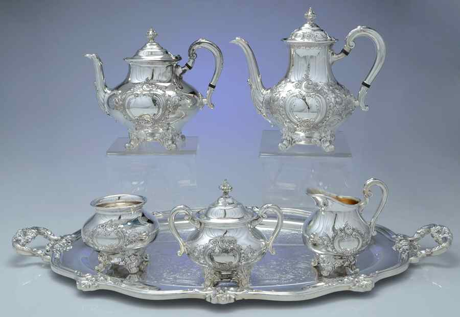 Regent-Chased (5600C, Silverplate, Hollowware) 5-Piece Silverplate Tea Set (with Tray) by Reed & Barton-1