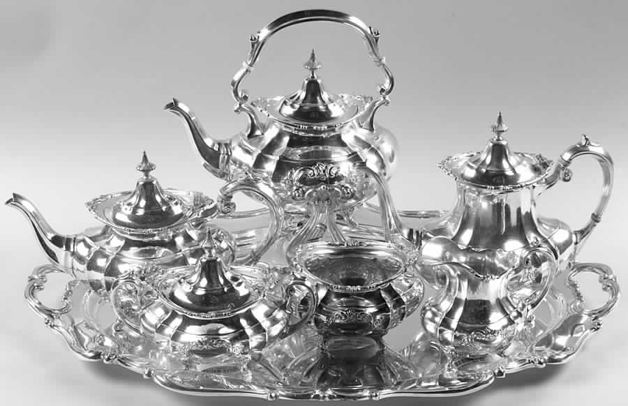 Hampton Court Shield (Strlg, Hlwr) 7 Piece Tea Set (SCP, STP, SCR, SSU, SWB, SKES & WTL) by Reed & Barton-1
