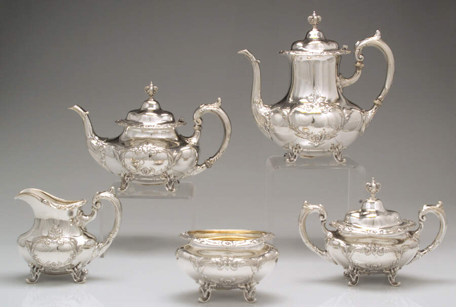 Burgundy (Sterling, Hollowware)  5 Piece Tea Set (SCP, STP, SCR, SSU, SWB) by Reed & Barton-1