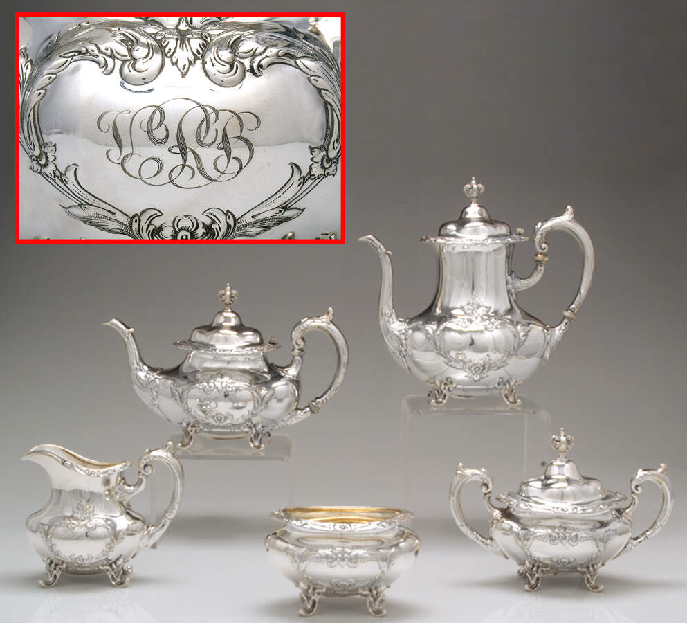 Burgundy (Sterling, Hollowware)  5 Piece Tea Set (SCP1, STP1, SCR1, SSU1, SWB1) by Reed & Barton-1