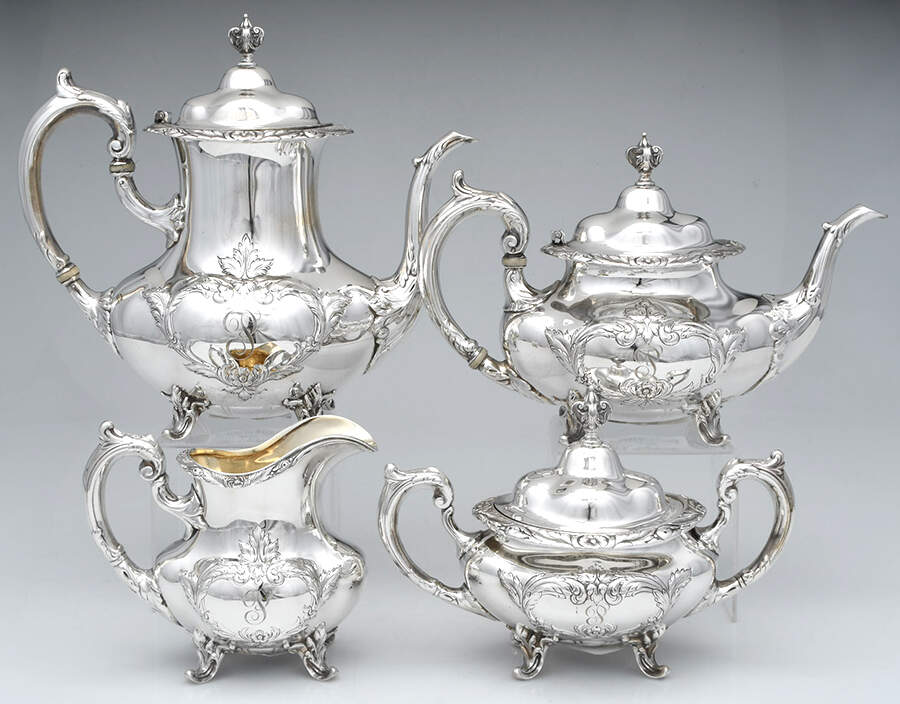 Burgundy (Sterling, Hollowware)  4 Piece Tea Set (SCP1, STP1, SCR1, SSU1) by Reed & Barton-1