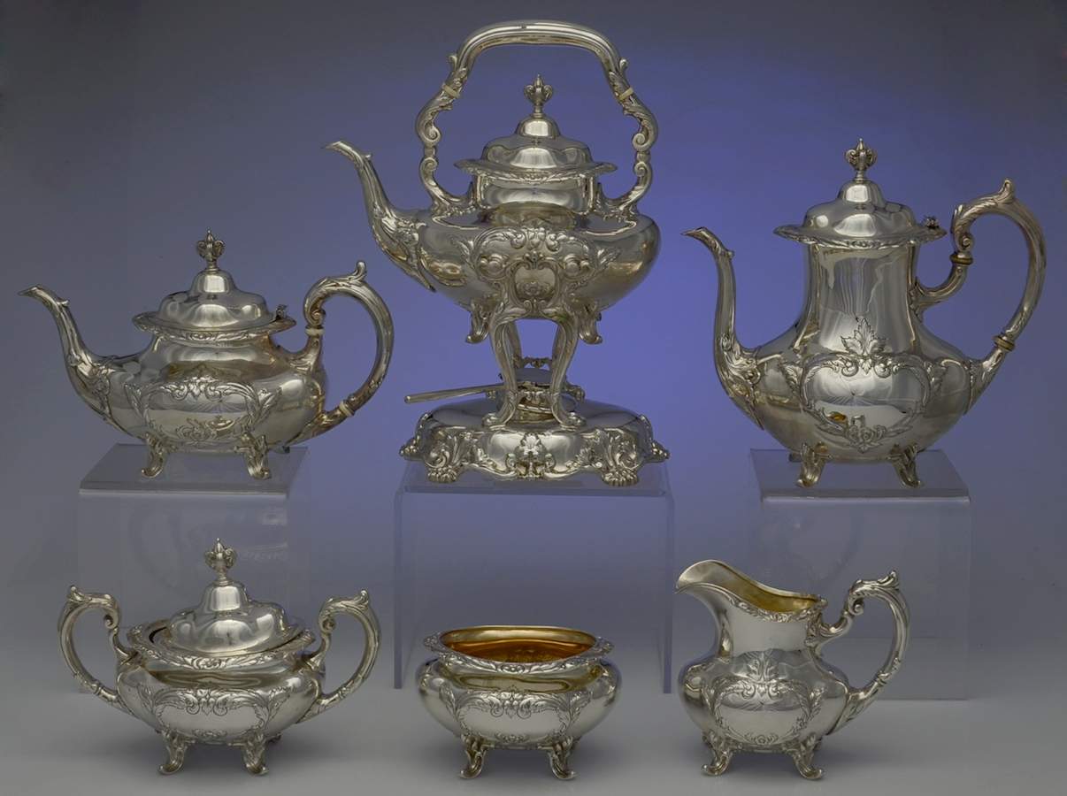Burgundy (Sterling, Hollowware)  6 Piece Tea Set (SCP, STP, SCR, SSU, SWB, SKES) by Reed & Barton-1
