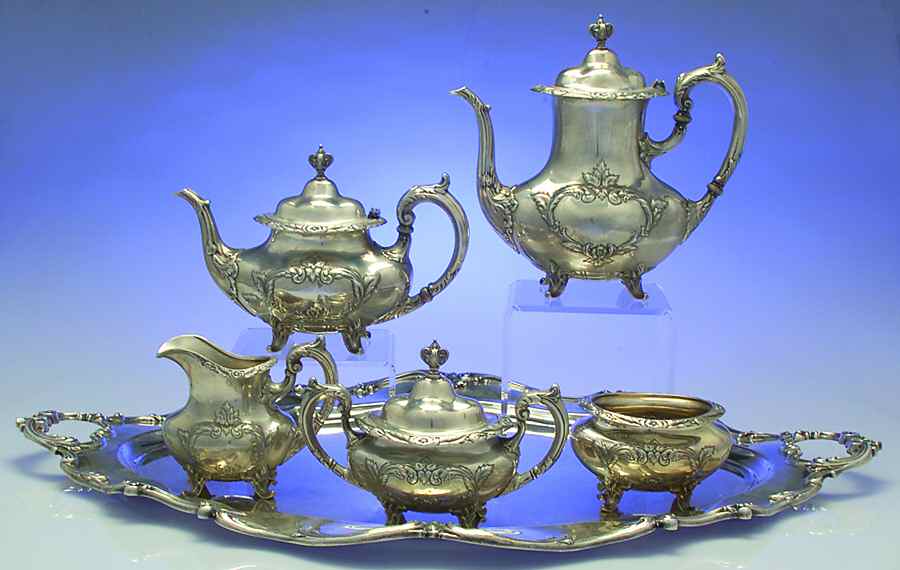 Burgundy (Sterling, Hollowware)  6 Piece Tea Set (SCP, STP, SCR, SSU, SWB, WTL) by Reed & Barton-1