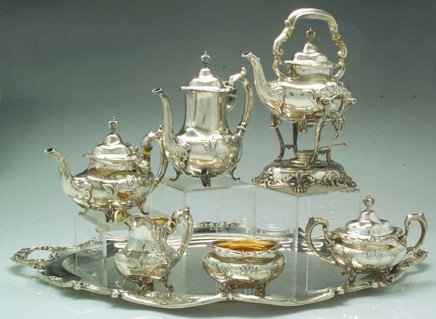 Burgundy (Sterling, Hollowware)  7 Piece Tea Set (SCP, STP, SCR, SSU, SWB, SKES & WTL) by Reed & Barton-1