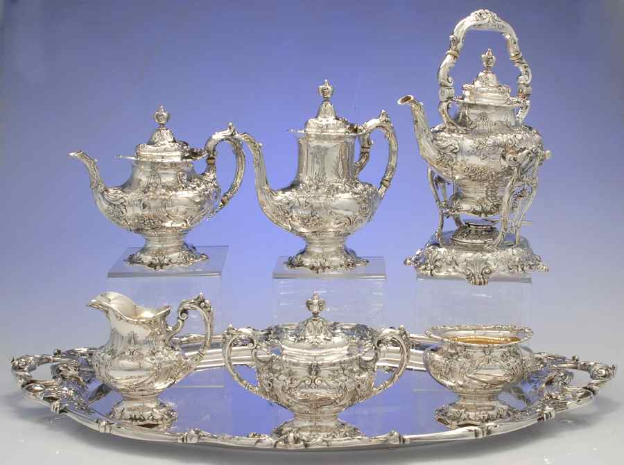 Francis I (Sterling, Hlwr, Eagle-R-Lion, Dated, Oval) 7 Piece Tea Set (SCP, STP, SCR, SSU, SWB, SKES & WTL) by Reed & Barton-1