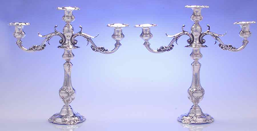Francis I (Sterling, Hlwr, Eagle-R-Lion, Dated, Oval) Pair of 3 Light Weighted Candelabra with Bobech by Reed & Barton-1