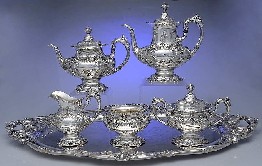 Francis I (Sterling, Hlwr, Eagle-R-Lion, Dated, Oval) 6 Piece Tea Set (SCP, STP, SCR, SSU, SWB, WTL) by Reed & Barton-1
