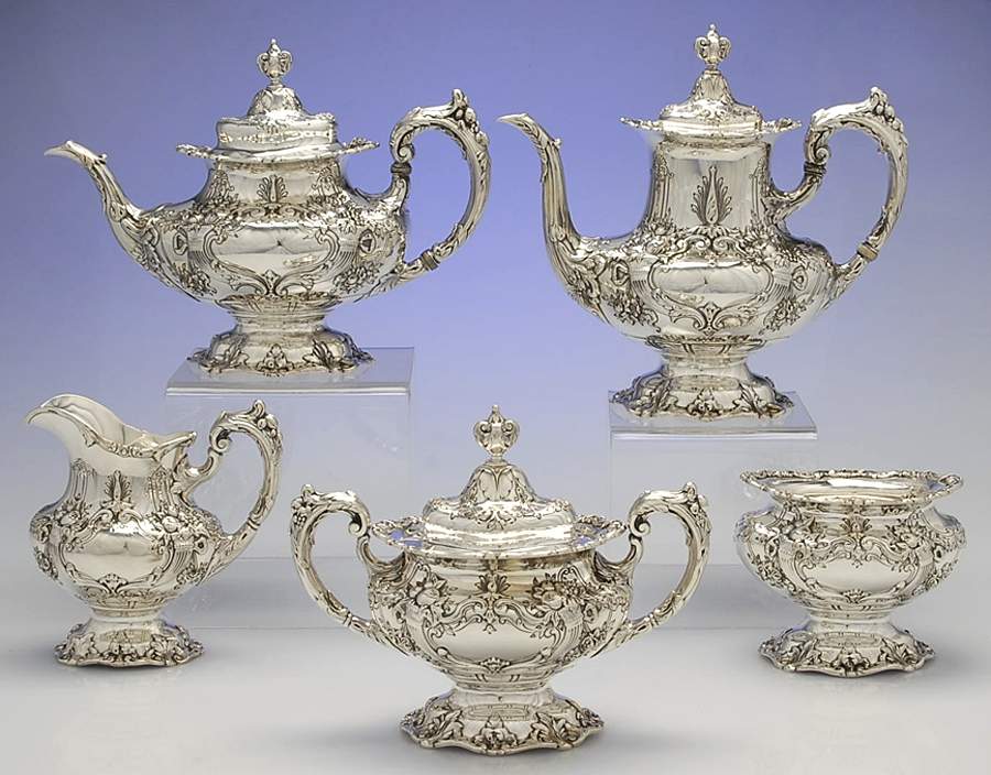 Francis I (Sterling, Hlwr, Eagle-R-Lion, Dated, Oval) 5 Piece Tea Set (SCP, STP, SCR, SSU, SWB) by Reed & Barton-1