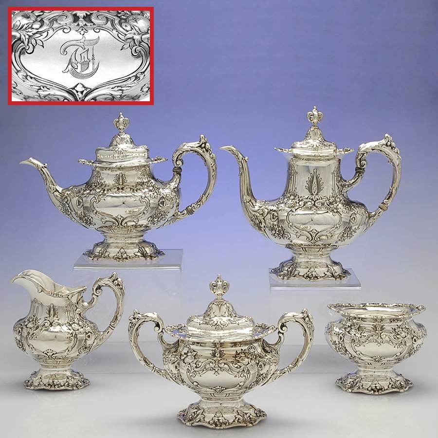 Francis I (Sterling, Hlwr, Eagle-R-Lion, Dated, Oval) 5 Piece Tea Set (SCP1, STP1, SCR1, SSU1, SWB1) by Reed & Barton-1