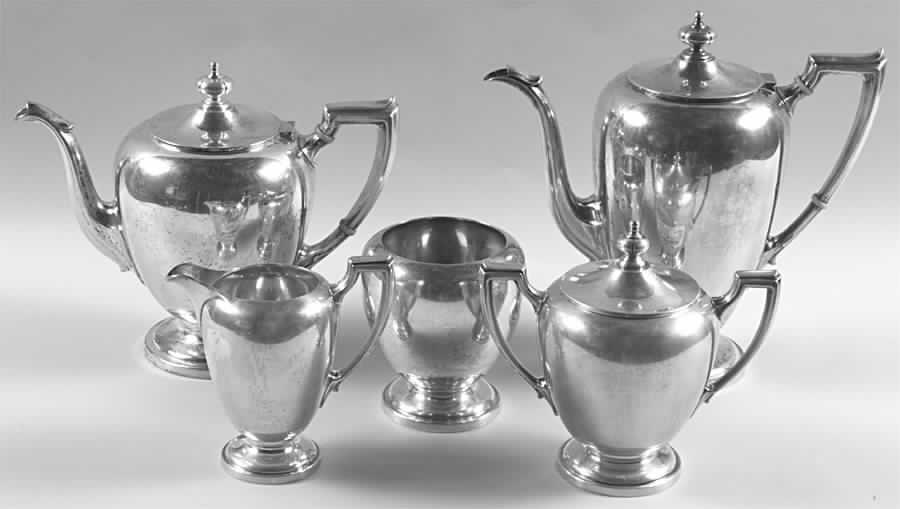 Pointed Antique (Sterling, Hollowware) 5 Piece Tea Set (SCP, STP, SCR, SSU, SWB) by Reed & Barton-1