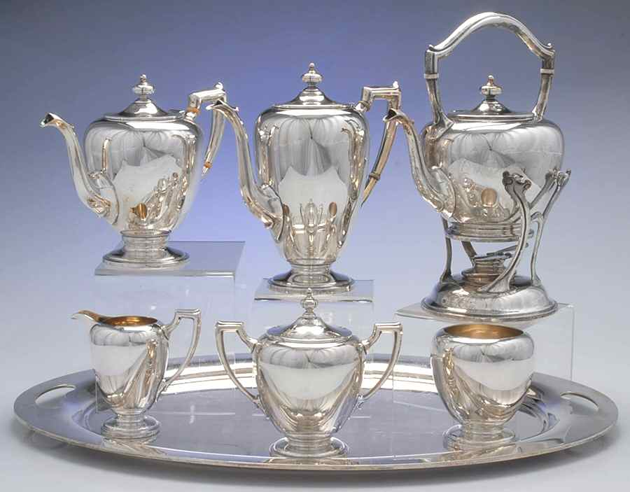 Pointed Antique (Sterling, Hollowware) 7 Piece Tea Set (SCP, STP, SCR, SSU, SWB, SKES & WTL) by Reed & Barton-1