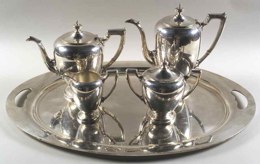 Pointed Antique (Sterling, Hollowware) 5 Piece Tea Set (SCP, STP, SCR, SSU, WTL) by Reed & Barton-1