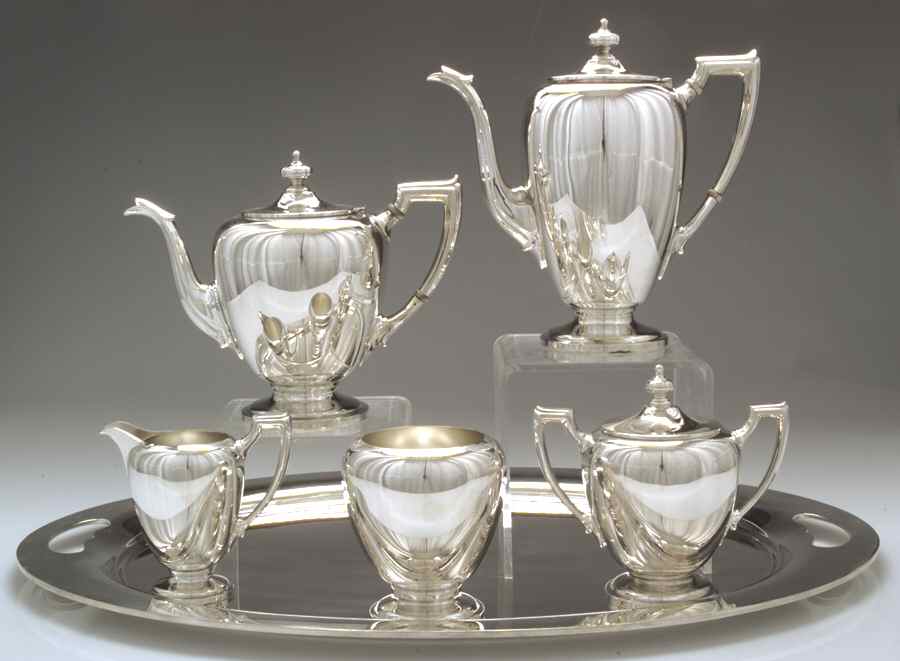 Pointed Antique (Sterling, Hollowware) 6 Piece Tea Set (SCP, STP, SCR, SSU, SWB, WTL) by Reed & Barton-1