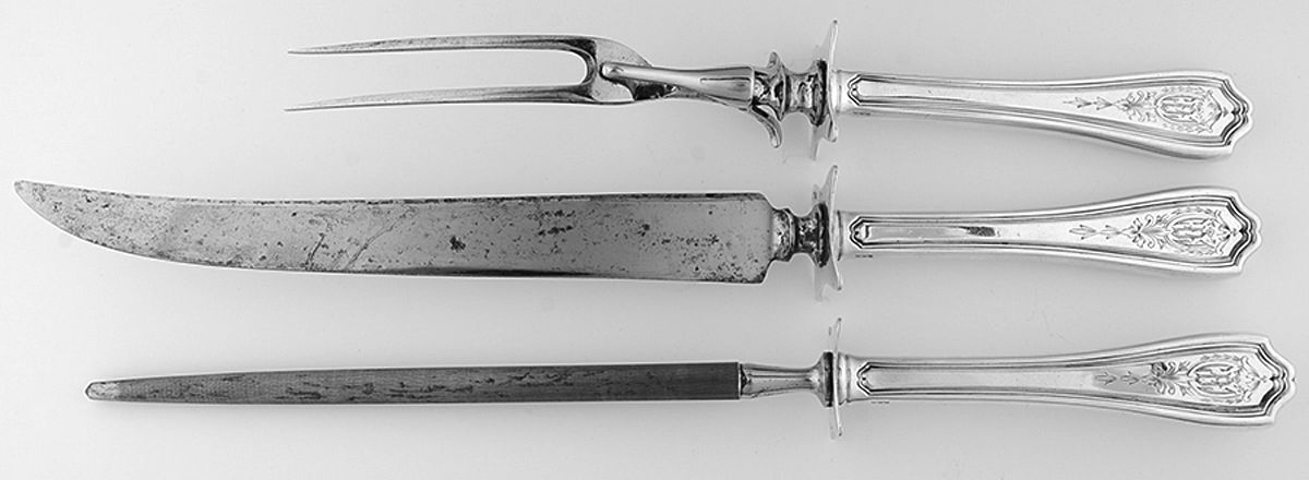 Hepplewhite-Engrv (Sterling, 1907, Monograms) Large 3-Piece Roast Carving Set w/ Stainless Blade by Reed & Barton-1