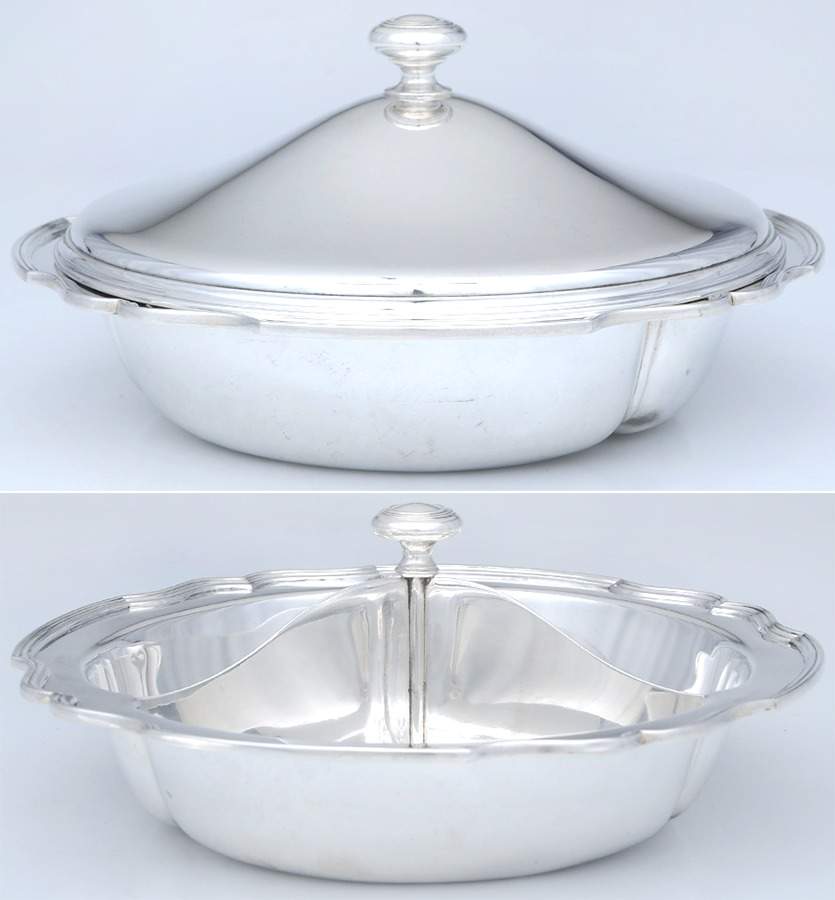 Hepplewhite-Plain (Sterling, 1907, Hollowware) 3 Part Round Divided Vegetable with Lid by Reed & Barton-1