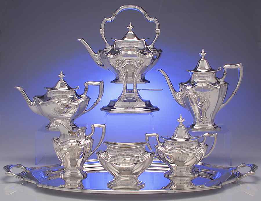 Hepplewhite-Plain (Sterling, 1907, Hollowware) 7 Piece Tea Set (SCP, STP, SCR, SSU, SWB, SKES & WTL) by Reed & Barton-1