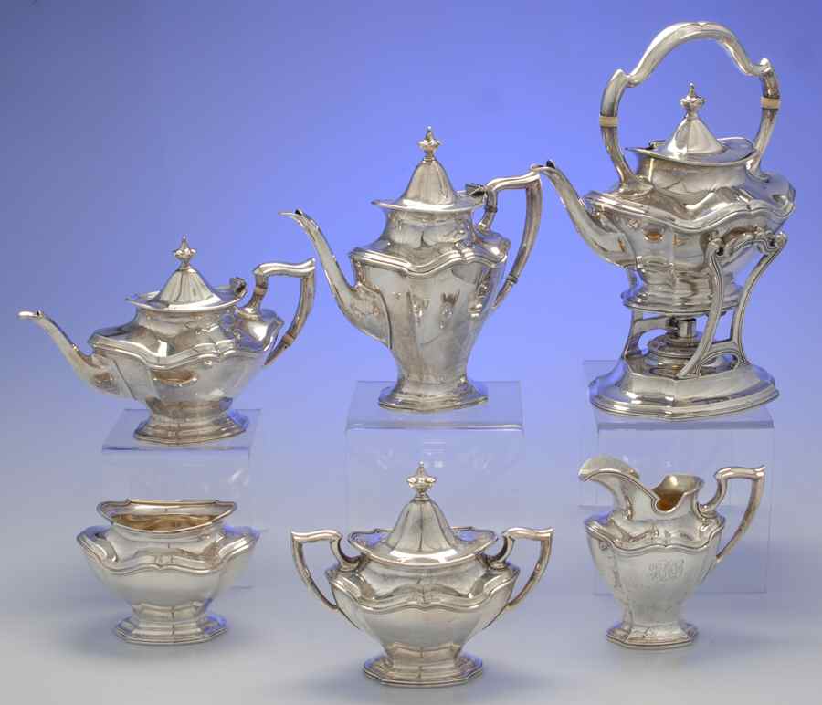 Hepplewhite-Plain (Sterling, 1907, Hollowware) 6 Piece Tea Set (SCP, STP, SCR, SSU, SWB, SKES) by Reed & Barton-1
