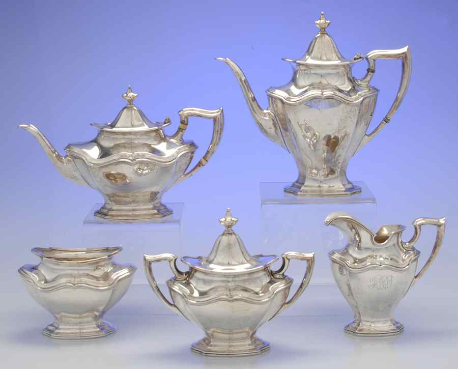 Hepplewhite-Plain (Sterling, 1907, Hollowware) 5 Piece Tea Set (SCP, STP, SCR, SSU, SWB) by Reed & Barton-1