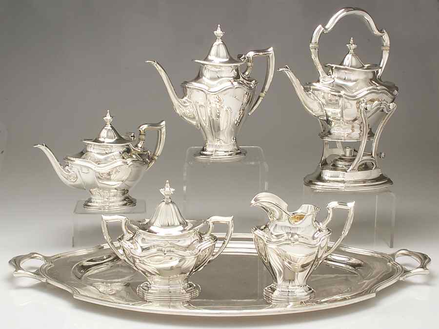 Hepplewhite-Plain (Sterling, 1907, Hollowware) 6 Piece Tea Set (SCP, STP, SCR, SSU, SKES, WTL) by Reed & Barton-1