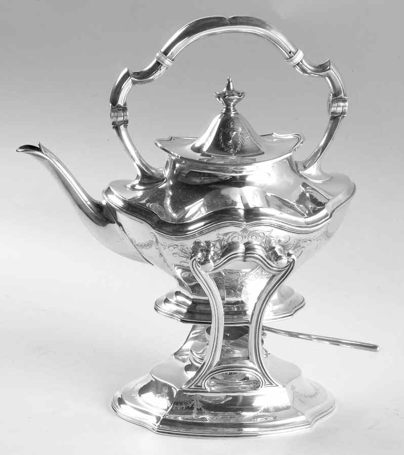 Hepplewhite-Engrv (Strl, Hlwr, Floral Swag) Kettle, Stand & Burner by Reed & Barton-1